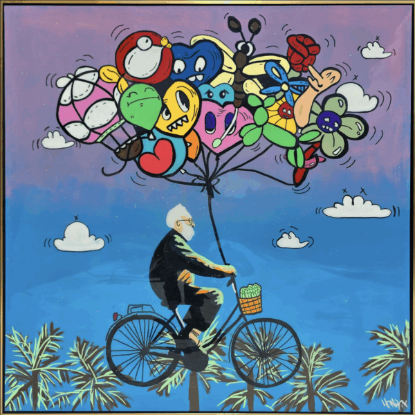 Close-up of colorful artwork titled "Pursuit of Happiness" by Henrix